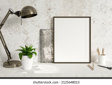 Single 8x10 Vertical Black Frame Mockup On A White Desk And Concrete Wall With Vintage Lamp And Plant. Loft Style Frame Mockup With Pencells And Sketchbook. 3D Rendering