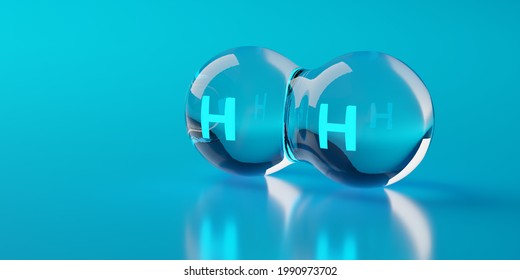 Single Abstract Glass Hydrogen H2 Molecule Over Blue Background, Clean Energy Or Chemistry Concept, 3D Illustration