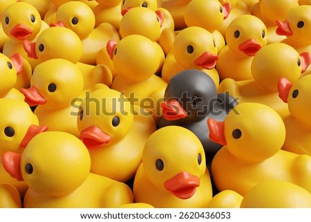 Single black rubber duck in between a group of yellow rubber ducks. 3D illustration of the concept of difference, discrimination, uniqueness and outstanding