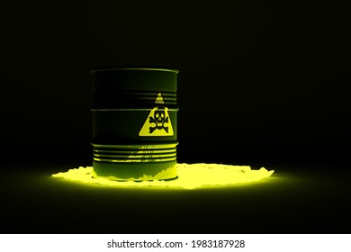 Single blue metal barrel with yellow hazardous or toxic skull and bones sign and green toxic fluid on black background, toxic pollution, industrial chemical waste or pollution concept, 3D illustration