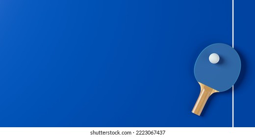 Single Blue Table Tennis Or Ping Pong Paddle Or Racket With Table Tennis Ball On Blue Table Background Flat Lay Top View From Above With Copy Space, 3D Illustration