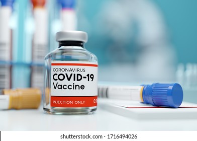 Флакон с одной бутылкой вакцины от коронавируса Covid-19 в исследовательской медицинской лаборатории. 3D-иллюстрация.