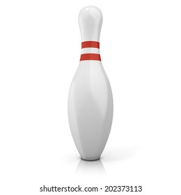 Single Bowling Pin With Red Stripes, Isolated On White