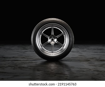 Single Car Tire On A Garage Floor Rubber Wheel With Shiny Chrome Rim. 3d Rendering, Nobody, Front View