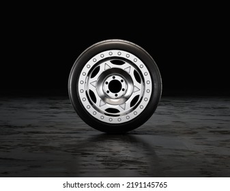 Single Car Tire On A Garage Floor Rubber Wheel With Shiny Chrome Rim. 3d Rendering, Nobody, Front View