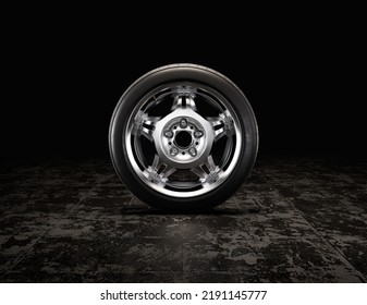 Single Car Tire On A Garage Floor Rubber Wheel With Shiny Chrome Rim. 3d Rendering, Nobody, Front View