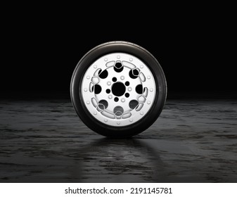 Single Car Tire On A Garage Floor Rubber Wheel With Shiny Chrome Rim. 3d Rendering, Nobody, Front View