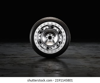 Single Car Tire On A Garage Floor Rubber Wheel With Shiny Chrome Rim. 3d Rendering, Nobody, Front View