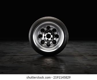 Single Car Tire On A Garage Floor Rubber Wheel With Shiny Chrome Rim. 3d Rendering, Nobody, Front View