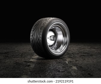 Single Car Tire On A Garage Floor. Rubber Tire With Shiny Chrome Rim From Side View. 3d Rendering, Nobody