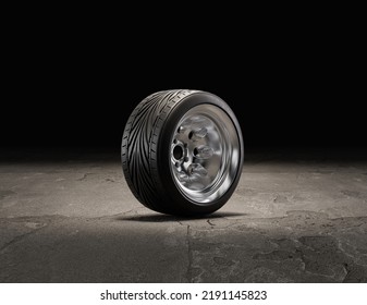 Single Car Wheel On A Garage Floor. Rubber Tire With Shiny Chrome From Side View. 3d Rendering, Nobody