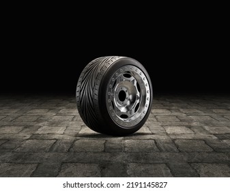 Single Car Wheel On A Garage Floor. Rubber Tire With Shiny Chrome From Side View. 3d Rendering, Nobody