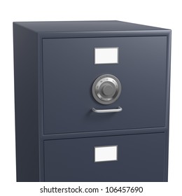 Single Closed Grey Filing Cabinet With Locked Drawer Using A Safe Dial On White Background