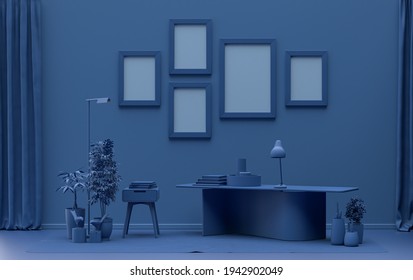 Single Color Monochrome Dark Blue Color Interior Room With Office Desk, Furnitures And Plants,  Five Picture Frames On The Wall, 3D Rendering, Poster Frame Mockup Scene