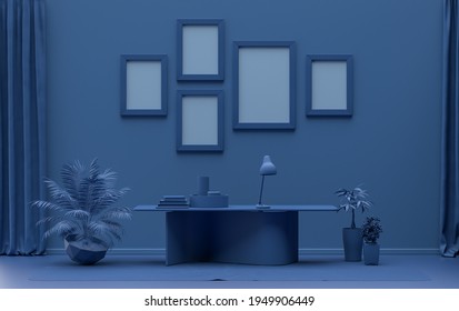 Single Color Monochrome Dark Blue Color Interior Room With Office Desk And Plants,  Five Picture Frames On The Wall, 3D Rendering, Poster Frame Mockup Scene