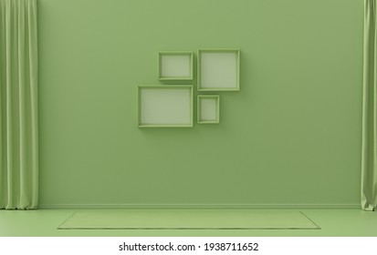 Single Color Monochrome Light Green Color Interior Room Without Furniture And Empty,  4 Frames On The Wall, 3D Rendering, Poster Frame Mockup Scene
