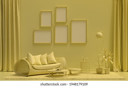 Single Color Monochrome Light Yellow Color Interior Room With Furnitures And Plants,  Five Picture Frames On The Wall, 3D Rendering, Poster Frame Mockup Scene