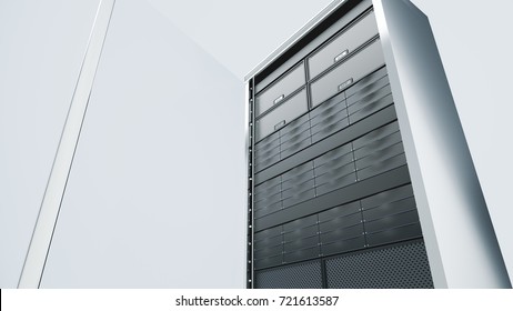 Single Computer Rack On Grey Ground With Black Servers.Network Server Room With Computers For Digital Communications And Internet,abstract Data Concept,3d Rendering.