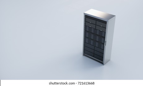 Single Computer Rack On Grey Ground With Black Servers.Network Server Room With Computers For Digital Communications And Internet,abstract Data Concept,3d Rendering.