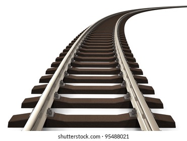 Single curved railroad track isolated on white background