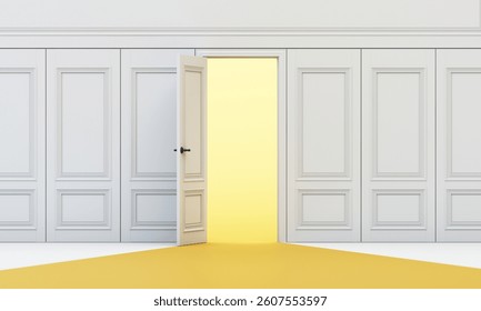 A single door opens within classic white panel wall, revealing bright yellow light and the invitation to step into change. 3d rendering.