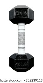 A single dumbbell with hexagonal weights and a textured grip, isolated on a white background. A gym equipment for strength training. Vertical frontal view. Fitness concept. 3d illustration.