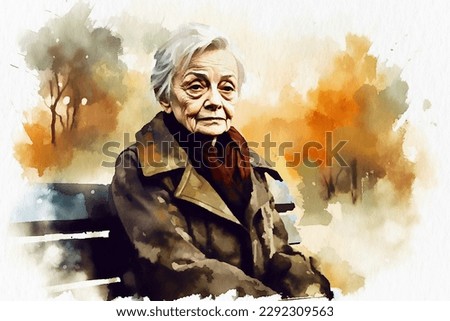 Single elderly woman on park bench, watercolor painting on textured paper. Digital watercolor painting
