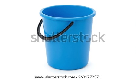 A single, empty blue plastic bucket with a black handle is shown against a white background. The bucket is cylindrical and appears to be made of lightweight plastic.