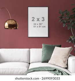 Single empty frame mockup on dark red wall in modern living room in minimal style with white sofa, brass arc floor lamp, green throw, pillows and indoor plant. 3D Rendering.