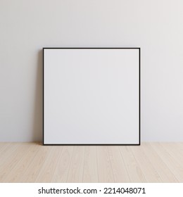 Single Empty Thin Black Picture Frame Leaning On White Wall. Template For Your Content. 3D Illustration.