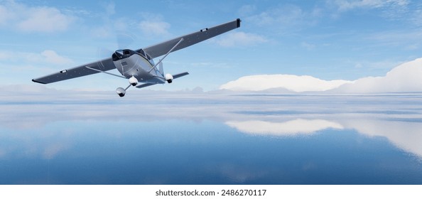 Single Engine Airplane flying over dramatic landscape at sunny day. 3d Rendering.