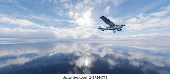 Single Engine Airplane flying over dramatic landscape at sunny day. 3d Rendering.