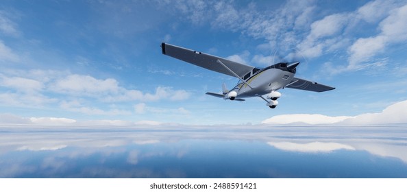 Single Engine Airplane flying over dramatic landscape at sunny day. 3d Rendering.