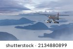 Single Engine Seaplane Flying over the Pacific Ocean West Coast. Adventure Composite. 3D Rendering Plane. Aerial Background from Howe Sound, British Columbia near Vancouver, Canada. Travel Concept