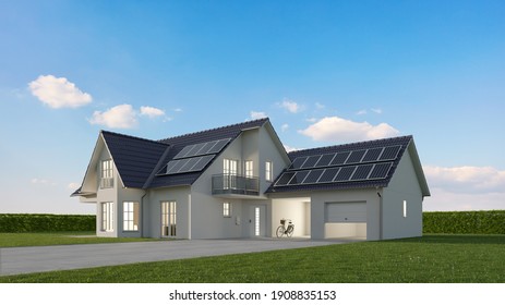 Single Family House On A Green Meadow With Solar Panels In Front Of A Blue Sky As A Sustainability Concept (3d Renderings)