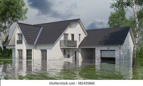 Single Family House With Water Damage After Flooding (3D Rendering)