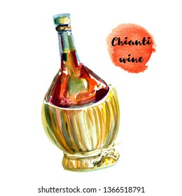 A Single Fiasco Bottle Of Chianti Wine With A Wicker Basket Base. Vertical Format Isolated On White Hand Painted Watercolor Illustration