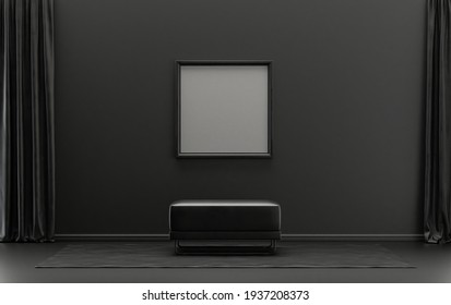 Single Frame Gallery Wall In Black And Dark Gray Color Monochrome Flat Room With Middle Ottoman Puff Without Plants, 3d Rendering, Poster Mockup Room