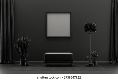 Single Frame Gallery Wall in black and dark gray color monochrome flat room with furnitures and plants, 3d Rendering, poster mockup room