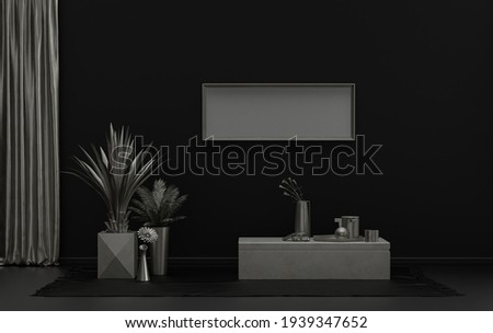 Single Frame Gallery Wall in black and metallic silver color monochrome flat room with single chair and plants, 3d Rendering, poster mockup room