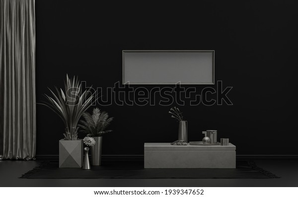 黒と金属の銀色の白黒の白黒の平たい部屋と椅子と植物 3dレンダリング ポスターモックアップルーム のイラスト素材