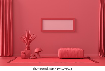 Single Frame Gallery Wall in dark red, maroon color monochrome flat room with furnitures and plants, 3d Rendering, poster mockup room