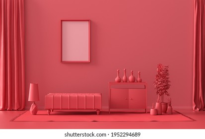 Single Frame Gallery Wall in dark red, maroon color monochrome flat room with furnitures and plants, 3d Rendering, poster mockup room