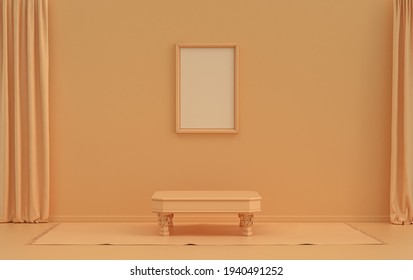 Single Frame Gallery Wall in orange pinkish color monochrome flat room with middle ottoman puff without plants, 3d Rendering, poster mockup room