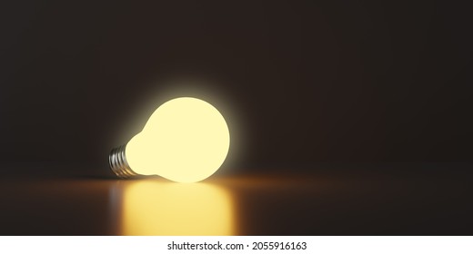 Single, glowing light bulb over dark background, energy, idea or innovation concept, 3D illustration