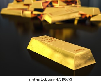 Single gold bar with selective focus. Many golden bricks on blurred background. On black reflective surface. Financial success, business investment and wealth concept. Realistic 3D illustration