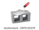 Single gray concrete or cement brick stone with metal trowel on top over white background, construction, building trade or masonry industry concept, 3D illustration