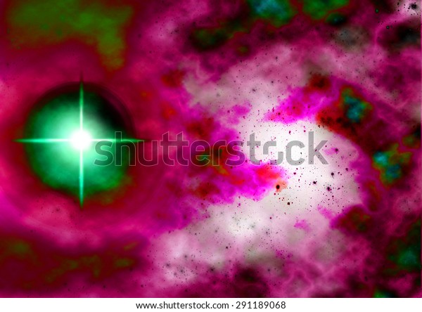 A single green star in the middle of a vivid\
pink nebula far far away from\
here.
