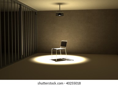 a single light hangs of the chair of interrogation at prison