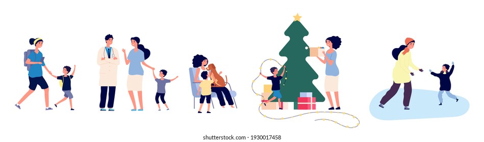 Single Mom. Mother With Son Illustration. Family Activity Concept. Mom And Kid Skate, Decorate The Christmas Tree, Walk